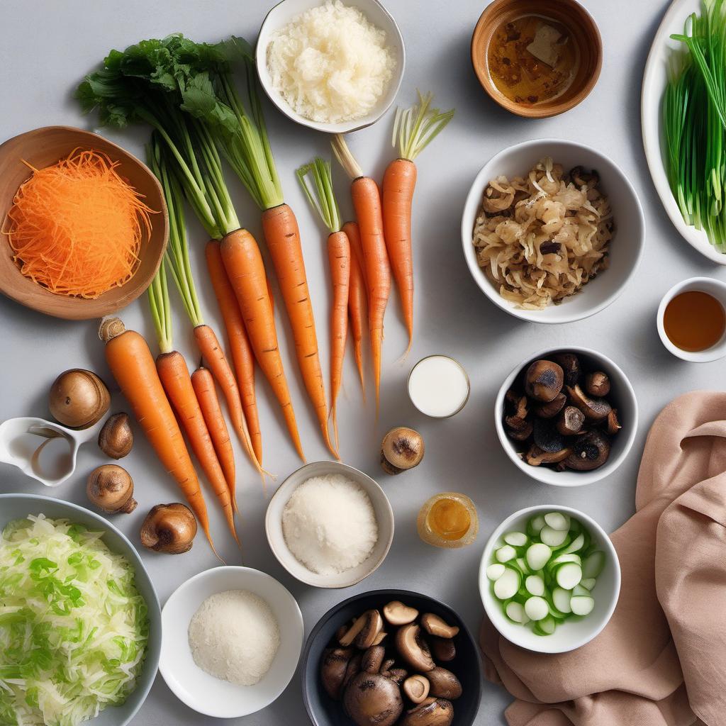 Items needed to answer the question, How do I prepare vegan crystal dumplings. Items include:  Carrots  Shiitake mushrooms  Cabbage  Spring onions  Glutinous rice flour  Salt  Warm water