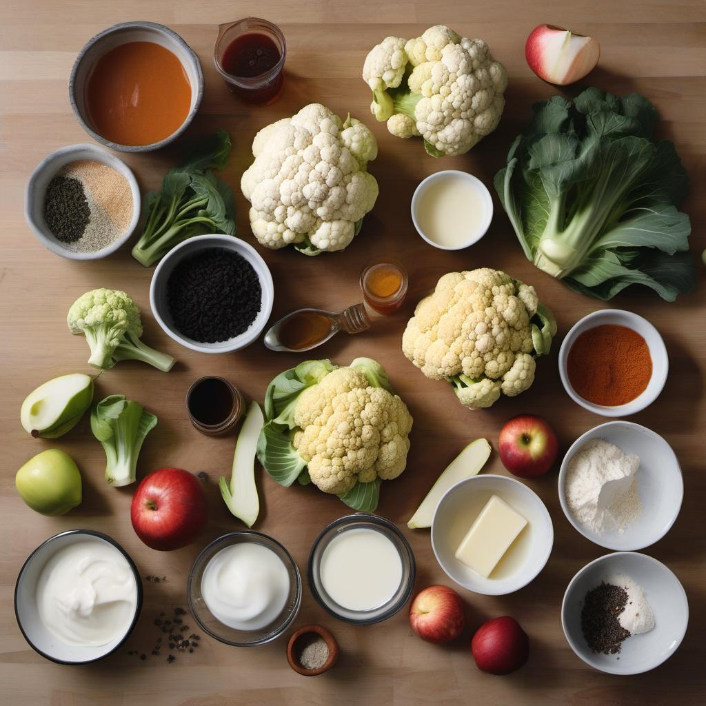 Items needed to answer the question, How do I make spicy buffalo-style vegan BBQ wings. Items include:  Cauliflower  All-purpose flour  Garlic powder  Paprika  Salt  Black pepper  Plant-based milk  Vegan butter  Hot sauce  Maple syrup  Apple cider vinegar