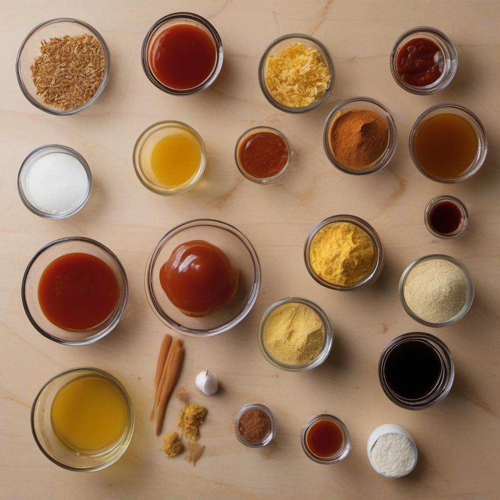 Items needed to answer the question, How do I create the ultimate vegan BBQ wings platter. Items include:  Vital wheat gluten  Nutritional yeast  Garlic powder  Onion powder  Ketchup  Apple cider vinegar  Maple syrup  Soy sauce  Smoked paprika  Liquid smoke  Salt
