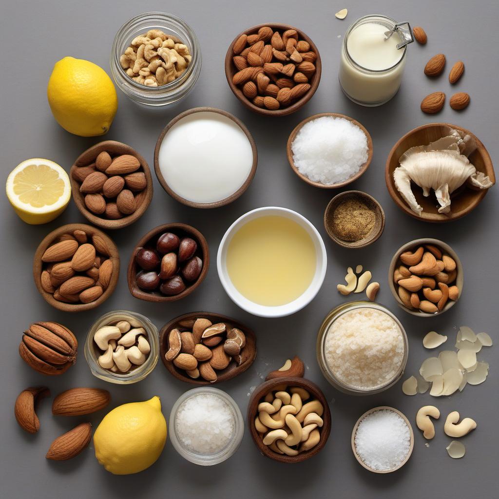 Items needed to answer the question, How do I make a creamy Raw Vegan Cheesecake. Items include:  Dates  Nuts (e.g., almonds)  Salt  Coconut oil  Cashews (pre-soaked)  Coconut cream  Lemon juice  Maple syrup  Vanilla extract