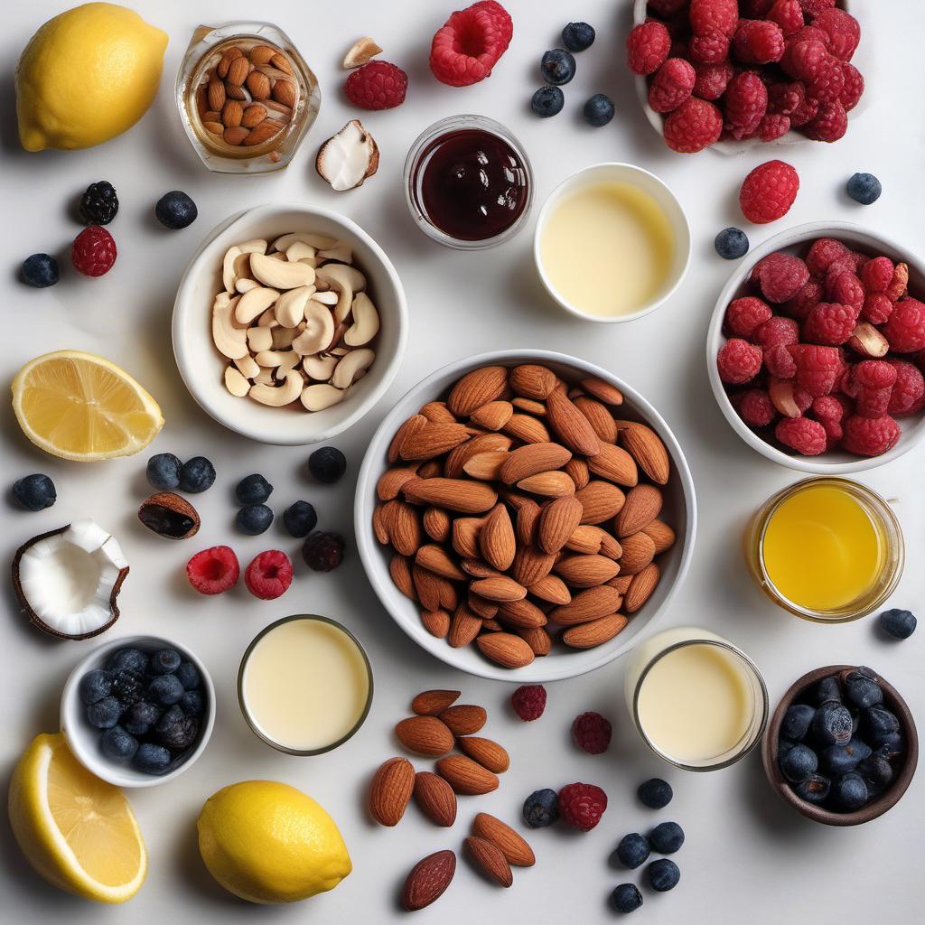 Items needed to answer the question, How do I prepare a heavenly berry-filled Raw Vegan Cheesecake. Items include:  Almonds  Dates  Coconut oil  Cashews  Coconut milk  Lemon juice  Maple syrup  Vanilla extract  Mixed berries