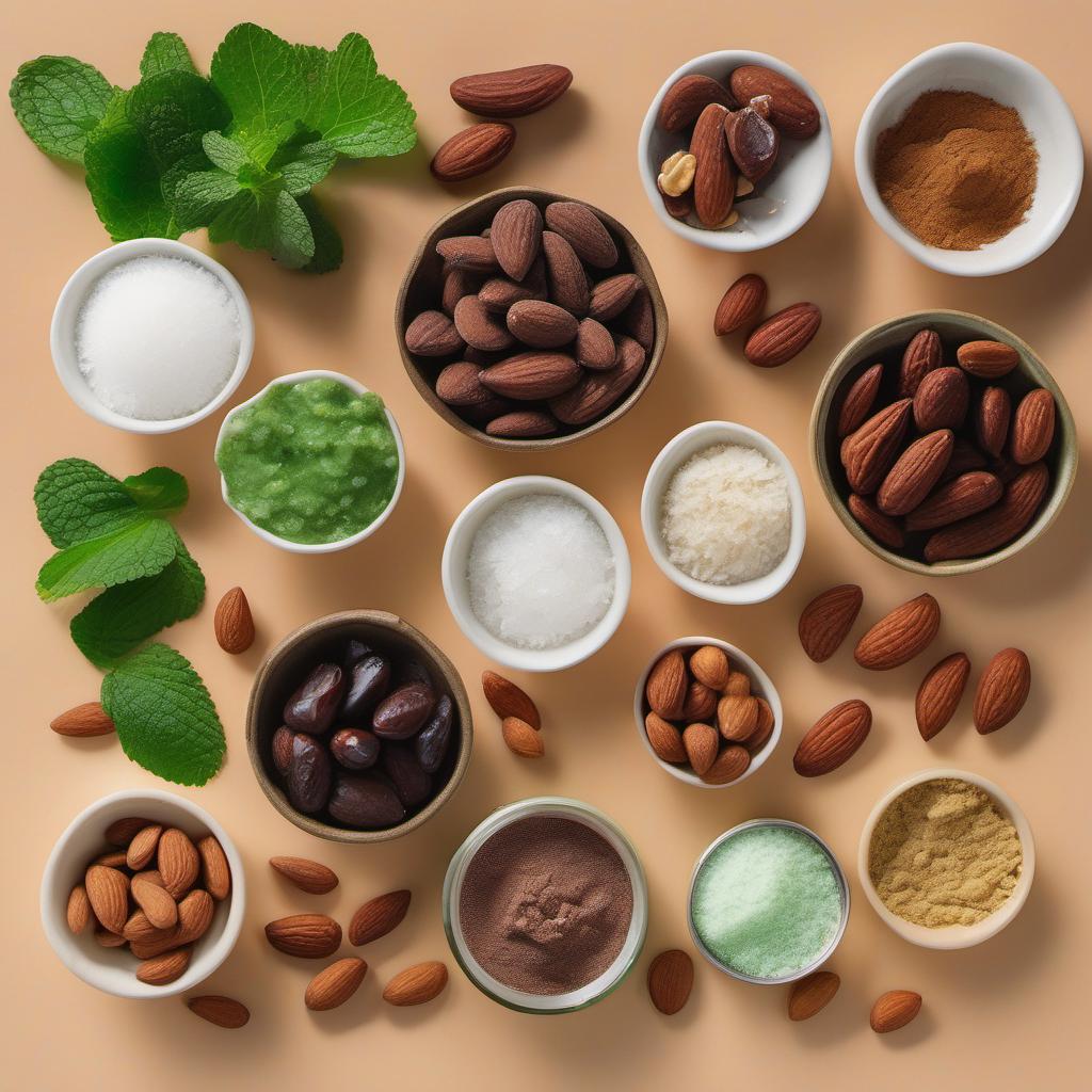 Items needed to answer the question, How do I bake a rich and decadent chocolate mint Raw Vegan Cheesecake. Items include:  Almonds  Pitted dates  Cacao powder  Salt  Raw cashews  Coconut oil  Maple syrup  Vanilla extract  Peppermint extract  Green food coloring  Fresh mint leaves