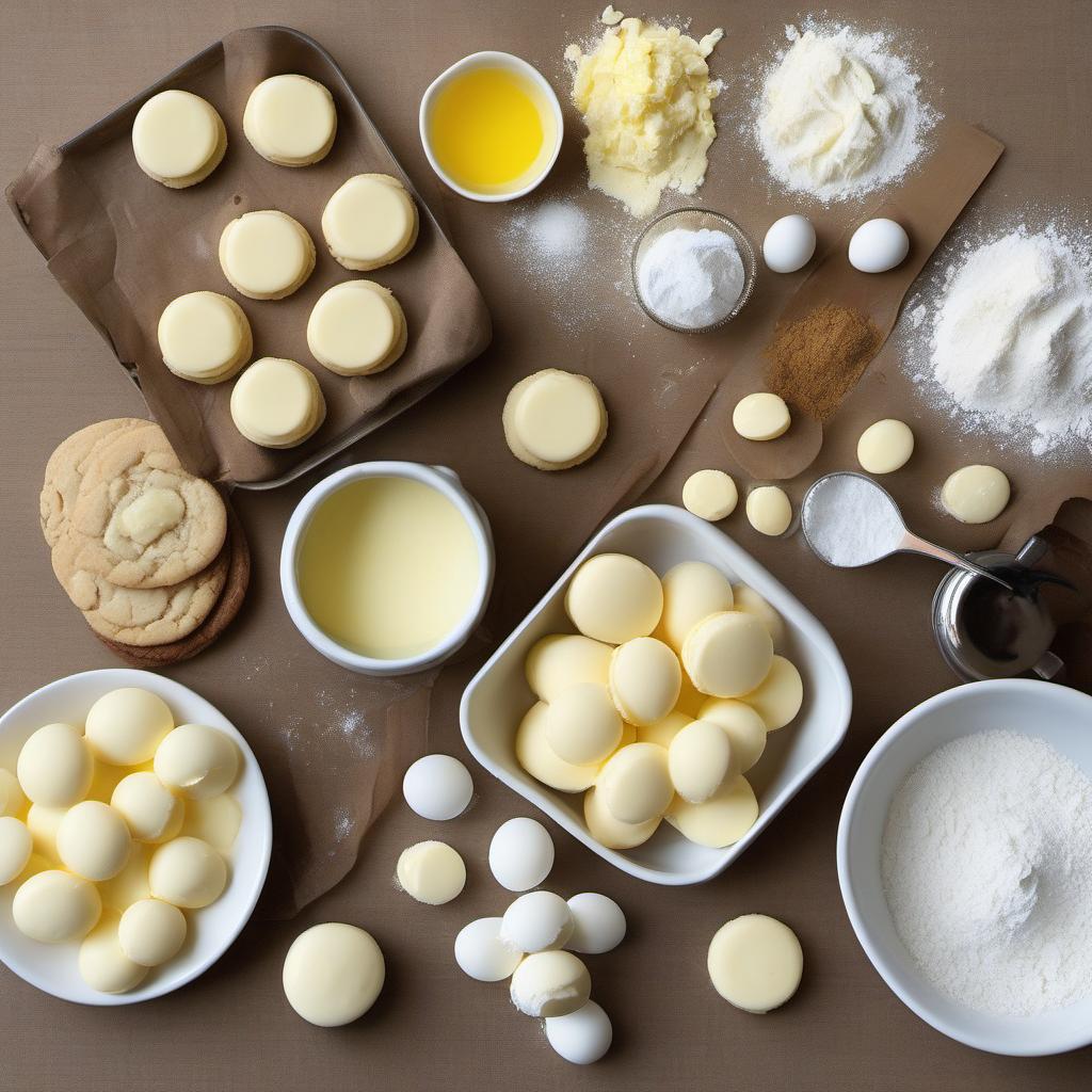 Items needed to answer the question, How do I craft spook-tacular Mummy cookies. Items include:  Butter  Granulated sugar  Eggs  Vanilla extract  All-purpose flour  Baking powder  Salt  White chocolate or white candy melts  Candy eyeballs or small round candies