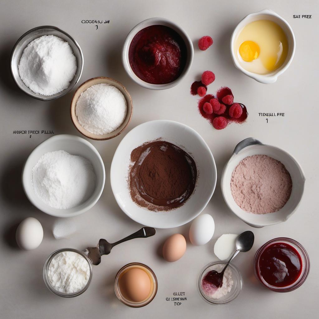 Items needed to answer the question, How do I make a gluten-free Christmas Yule Log. Items include:  Eggs  Granulated sugar  Cocoa powder  Gluten-free all-purpose flour  Vanilla extract  Salt  Gluten-free raspberry jam  Powdered sugar