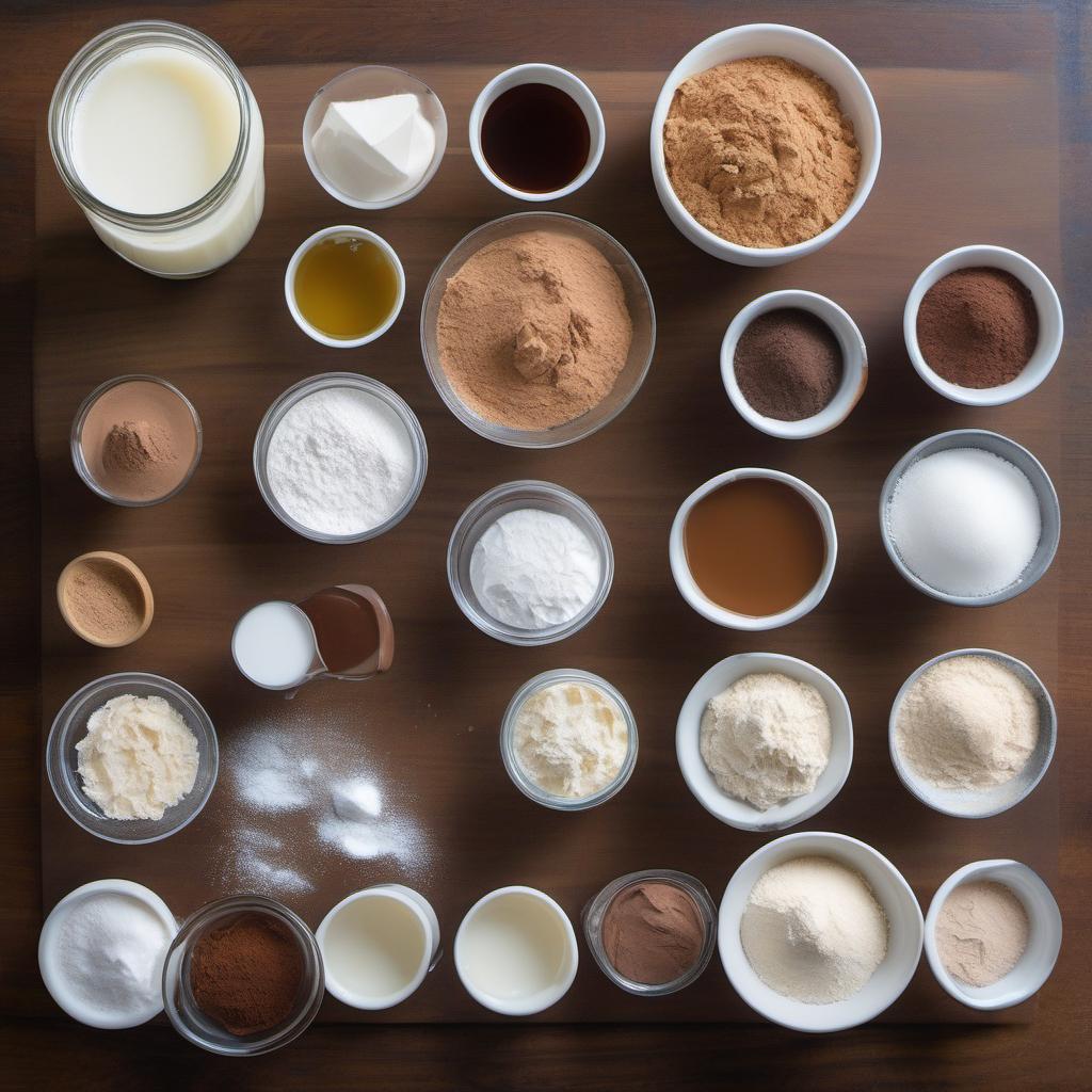 Items needed to answer the question, How do I make a vegan Christmas Yule Log. Items include:  All-purpose flour  Almond milk  Granulated sugar  Cocoa powder  Baking powder  Baking soda  Salt  Coconut oil  Apple cider vinegar  Vanilla extract  Vegan frosting