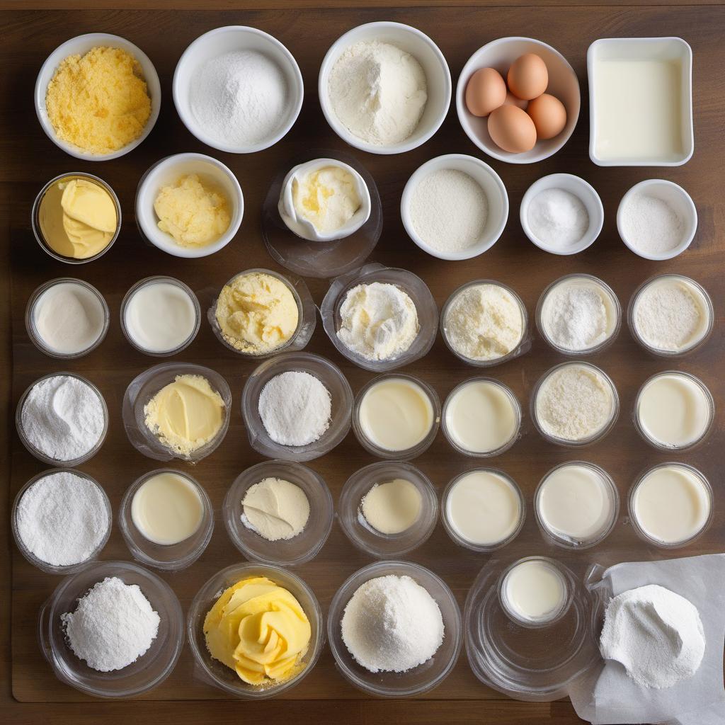 Items needed to answer the question, How do I make Easter Egg Cupcakes. Items include:  All-Purpose Flour  Baking Powder  Salt  Unsalted Butter  Granulated Sugar  Eggs  Vanilla Extract  Milk  Frosting  Food Coloring  Sprinkles or Edible Decorations