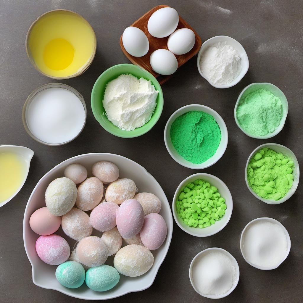 Items needed to answer the question, How do I make Easter Egg Cupcakes with coconut nests. Items include:  Flour  Sugar  Baking powder  Salt  Butter  Milk  Vanilla extract  Shredded coconut  Green food coloring  Candy-coated chocolate Easter eggs