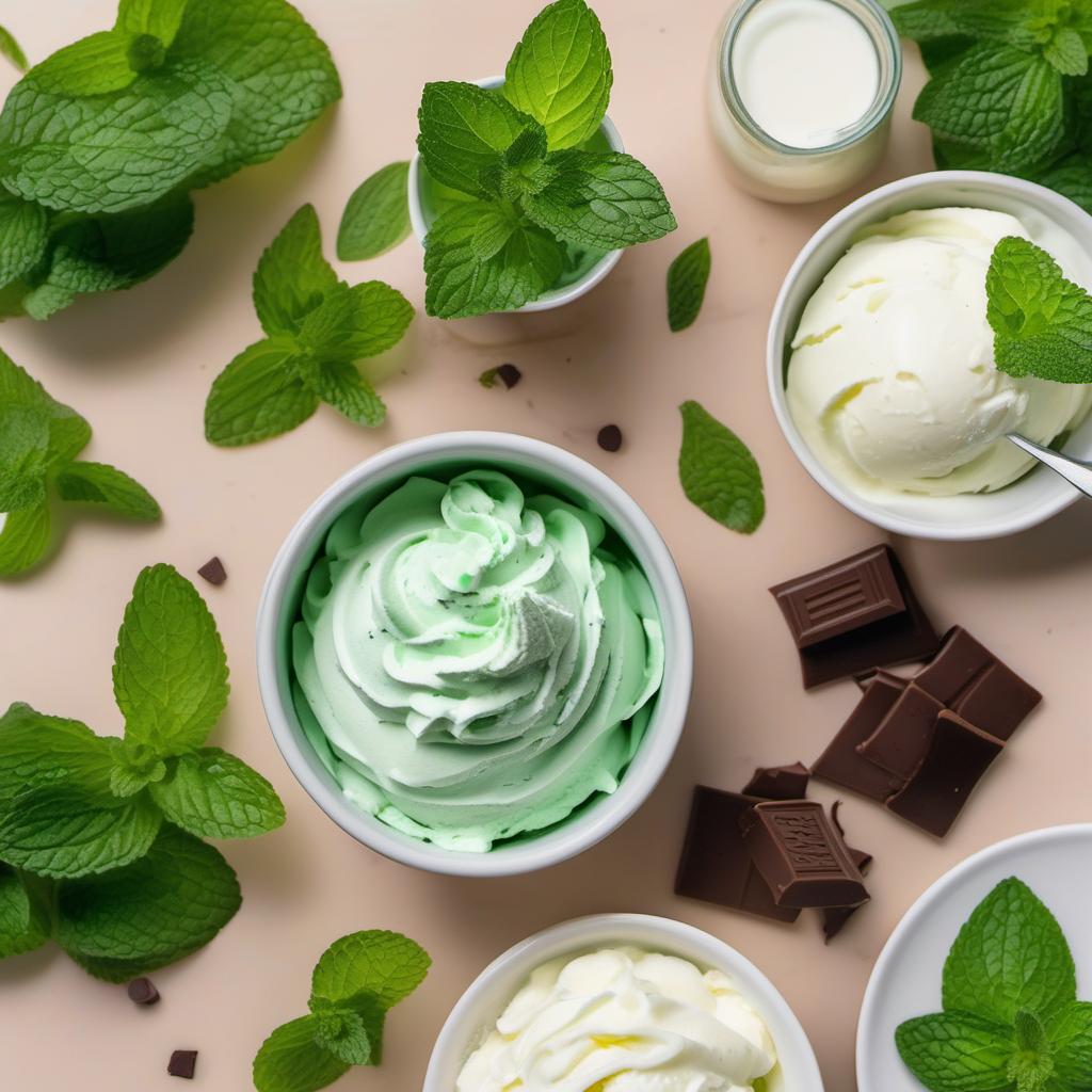 Items needed to answer the question, How do I whip up a minty fresh green milkshake. Items include:  Fresh mint leaves  Vanilla ice cream  Milk  Green food coloring  Whipped cream  Chocolate sprinkles  Blender