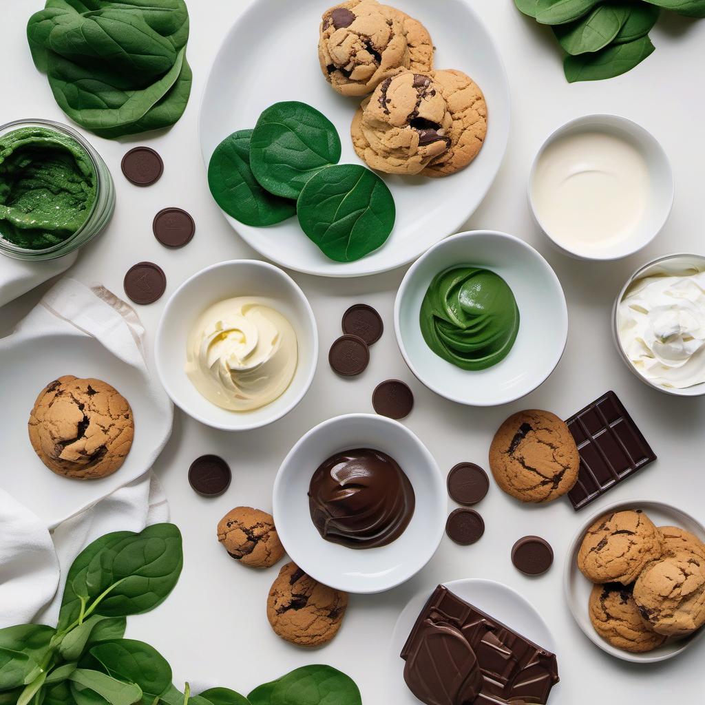 Items needed to answer the question, How do I create a green velvet milkshake. Items include:  Vanilla ice cream  Fresh spinach leaves  Green food coloring  Milk  Chocolate syrup  Whipped cream  Crushed cookies