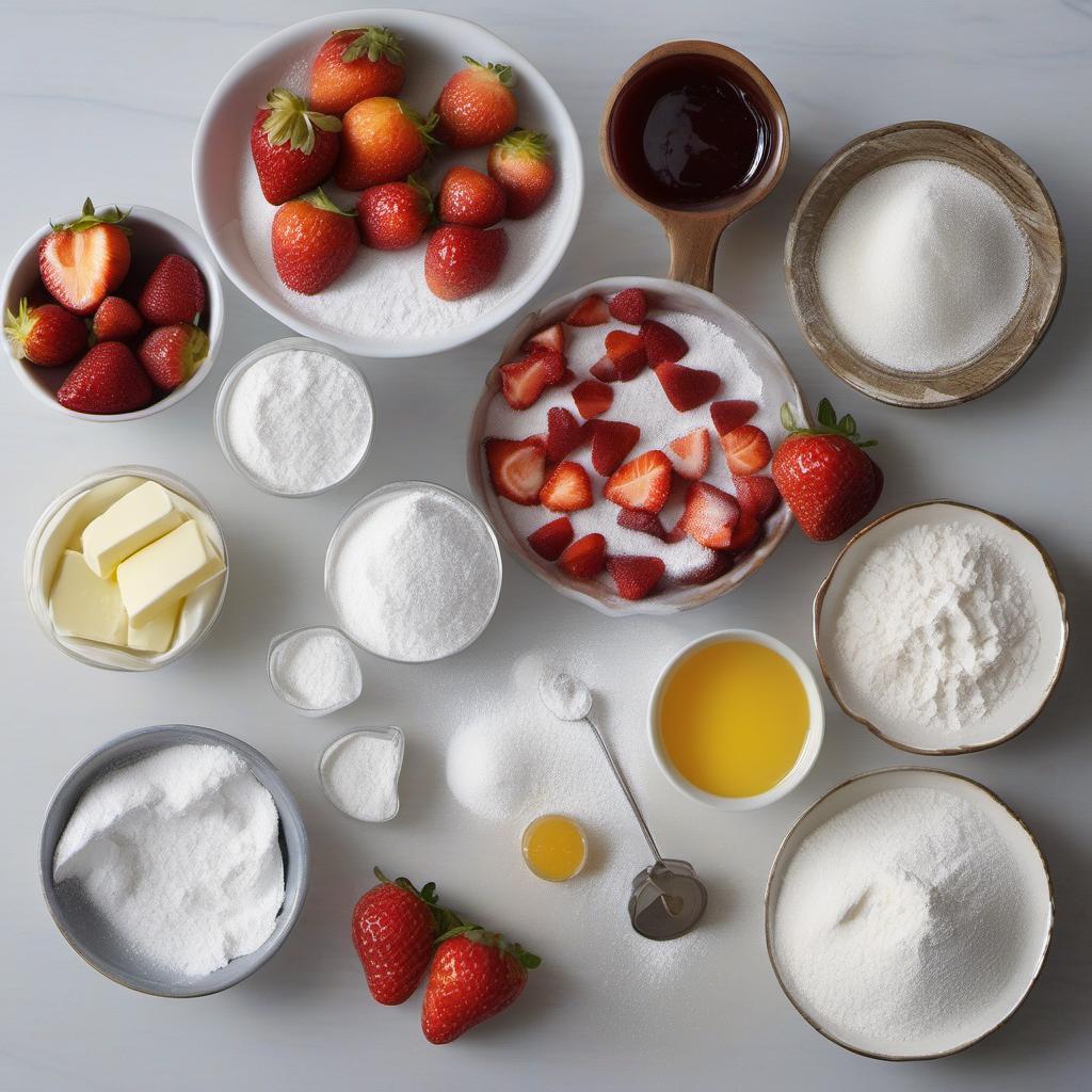 Items needed to answer the question, How do I make a fancy strawberry tart. Items include:  flour  sugar  salt  butter  water  strawberries  lemon juice  cornstarch  apricot jam  powdered sugar  whipped cream