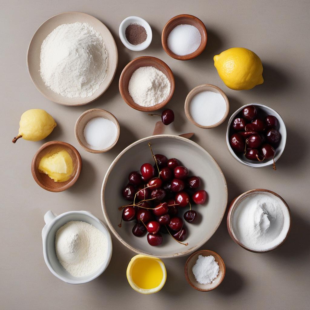 Items needed to answer the question, How do I prepare a divine cherry tart. Items include:  all-purpose flour  granulated sugar  salt  butter  ice water  pitted cherries  cornstarch  lemon juice  cinnamon