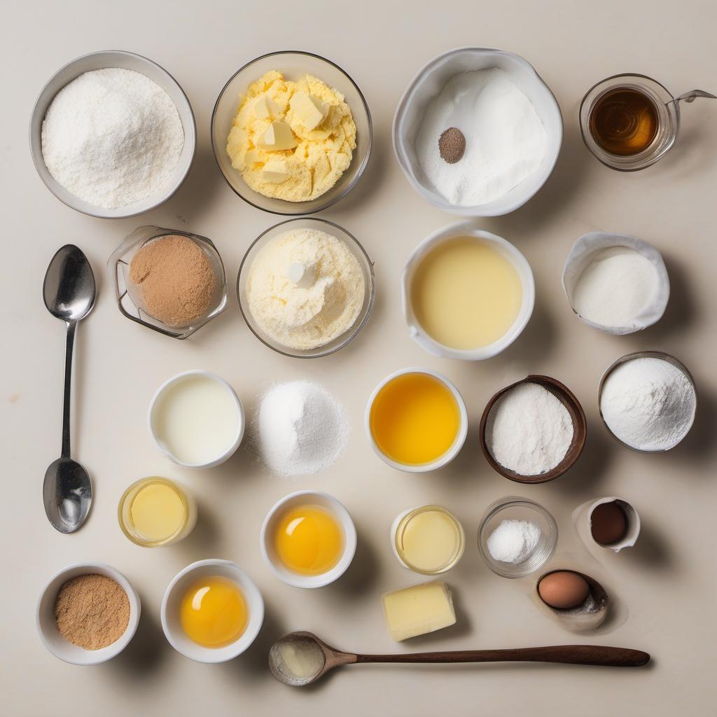 Items needed to answer the question, How do I bake a mermaid cake. Items include:  All-Purpose Flour  Baking Powder  Salt  Sugar  Unsalted Butter  Eggs  Vanilla Extract  Milk