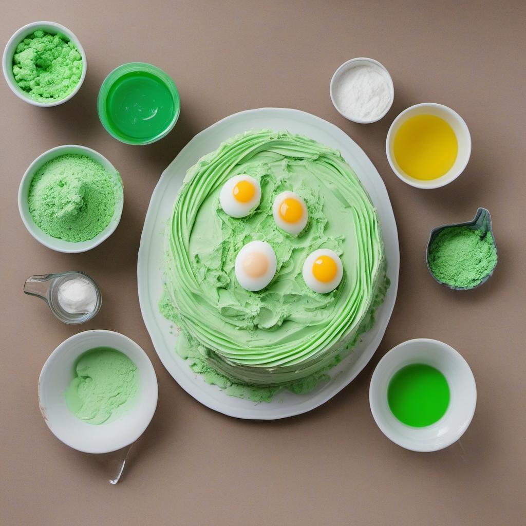 Items needed to answer the question, How do I make a dinosaur cake. Items include:  Cake Mix  Eggs  Vegetable Oil  Green Food Coloring  Frosting  Decorations