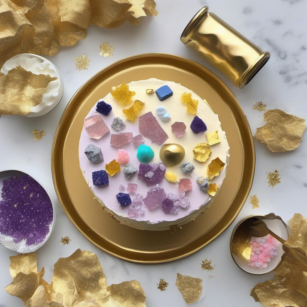 Items needed to answer the question, How Do I Decorate a Geode Cake. Items include:  Cake mix  Buttercream icing  Edible rock candy crystals  Edible luster dust  Edible gold leaf (optional)