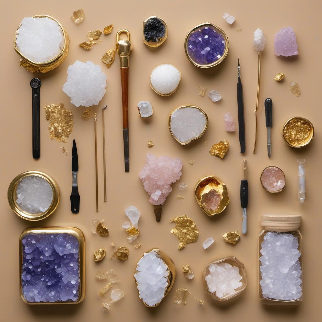 Items needed to answer the question, How Do I Make a Geode Cake Topper. Items include:  Rock candy  Edible gold leaf or luster dust  Food-safe adhesive or clear piping gel  Small paintbrush  Parchment paper  Craft knife or scissors