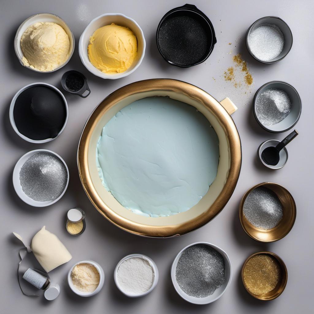 Items needed to answer the question, How Do I Create a Geode Cake with Fondant. Items include:  Cake Batter  Fondant  Gray, Black, and Metallic Icing Colors  Paintbrush or Sponge  Small Rolling Pin  Edible Glitter or Shimmer Dust