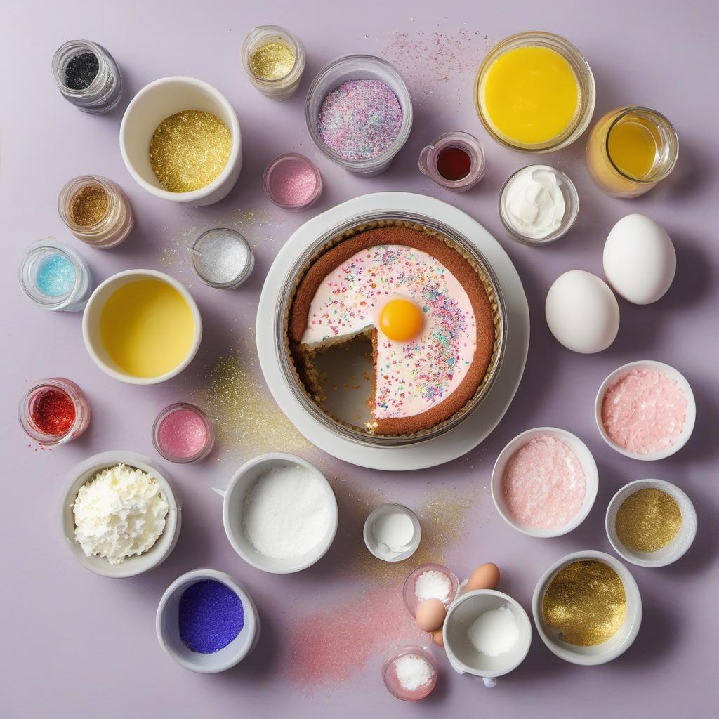 Items needed to answer the question, How Do I Make a Geode Cake for Beginners. Items include:  Cake Mix  Eggs  Oil  Sugar  Hot Water  Food Coloring  Frosting  Edible Glitter/Sprinkles