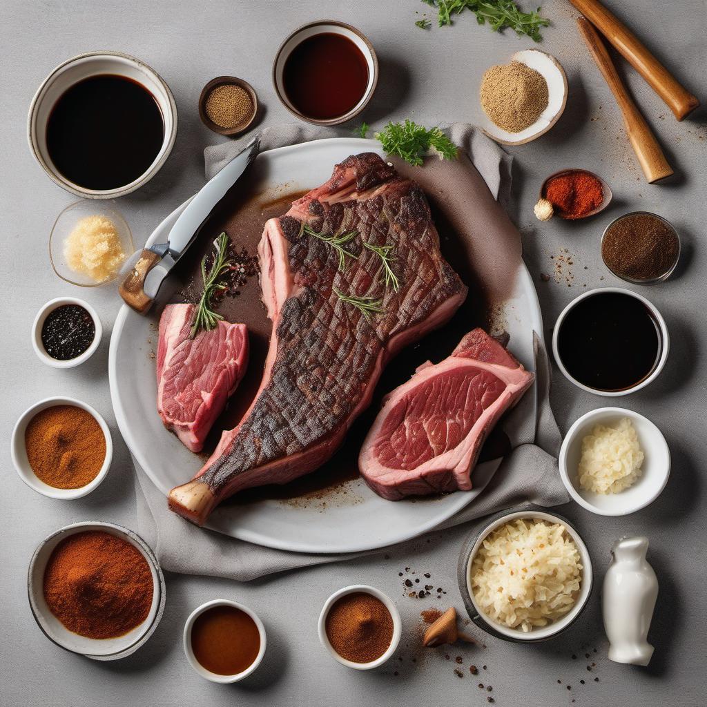Items needed to answer the question, How do I marinate a Tomahawk Steak for maximum flavor. Items include:  Tomahawk Steak  Soy sauce  Worcestershire sauce  Garlic cloves  Brown sugar  Paprika  Black pepper