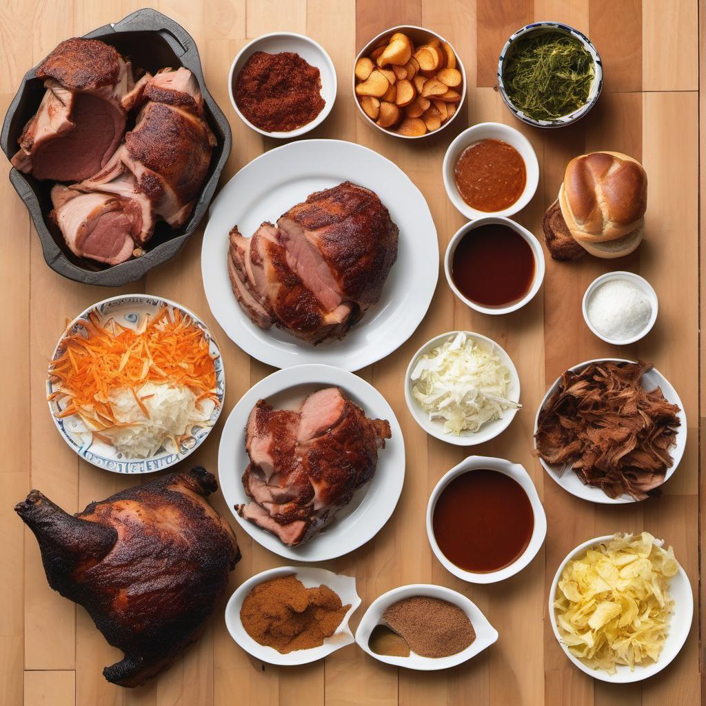 Items needed to answer the question, How do I smoke mouthwatering pulled pork. Items include:  Bone-In Pork Shoulder (Boston Butt)  Rub Ingredients (e.g., brown sugar, salt, paprika)  Wood Smoking Chips or Chunks (e.g., hickory, apple, mesquite)  BBQ Sauce  Soft Buns  Coleslaw (optional)