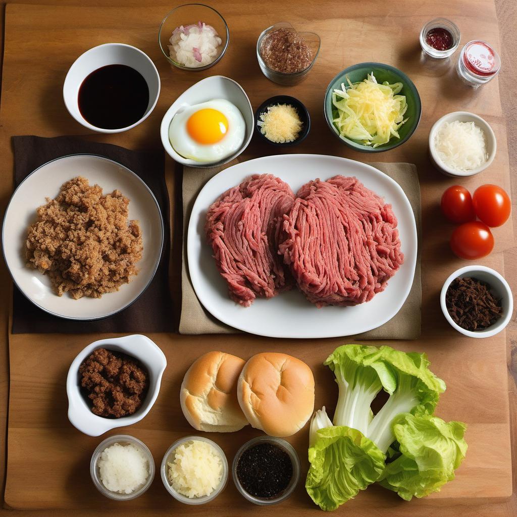 Items needed to answer the question, How do I create a show-stopping burger. Items include:  Ground beef  Breadcrumbs  Minced onions  Minced garlic  Egg  Worcestershire sauce  Salt and pepper  Buns  Lettuce  Tomato slices  Pickles  Cheese slices  Optional toppings