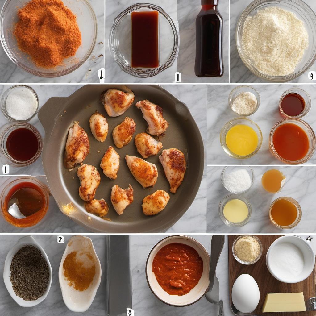 Items needed to answer the question, How do I add a twist to my chicken and waffles with a spicy kick. Items include:  Hot Sauce  Butter  Garlic Powder  Salt  Black Pepper  Chicken Breasts  All-purpose Flour  Sugar  Baking Powder  Milk  Eggs  Vegetable Oil  Maple Syrup or Honey Hot Sauce Glaze  Chopped Green Onions or Red Pepper Flakes