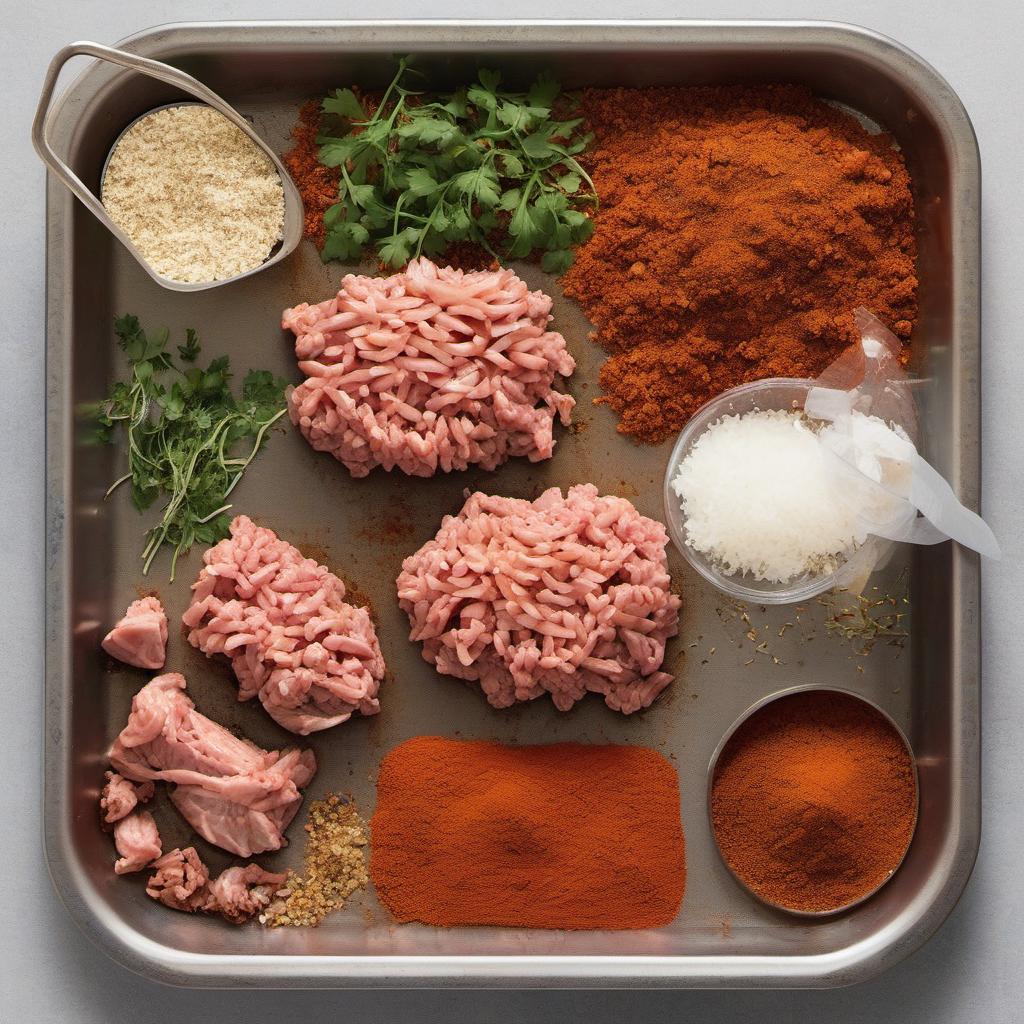 Items needed to answer the question, How do I make spicy chorizo sausages. Items include:  ground pork  smoked paprika  cayenne pepper  garlic powder  salt  black pepper  ground cloves  dried oregano  dried thyme  ground coriander  ground cumin  natural hog casings