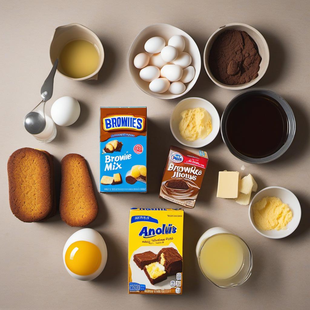 Items needed to answer the question, How do I bake Twinkie Brownies. Items include:  Brownie Mix  Eggs  Vegetable Oil  Water  Twinkies  Cooking Spray