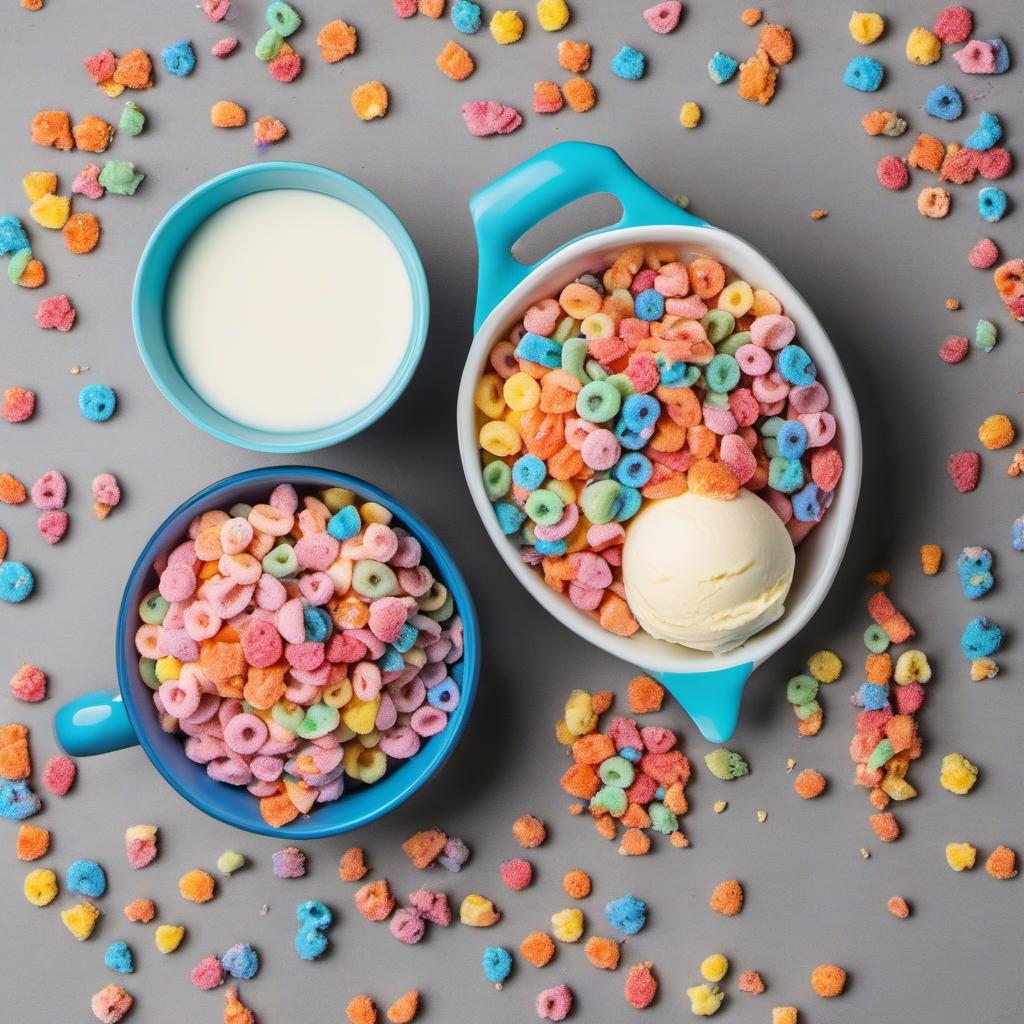 Items needed to answer the question, How do I blend a Fruit Loops Cereal Milkshake. Items include:  Vanilla ice cream  Milk  Fruit Loops cereal  Colorful sprinkles