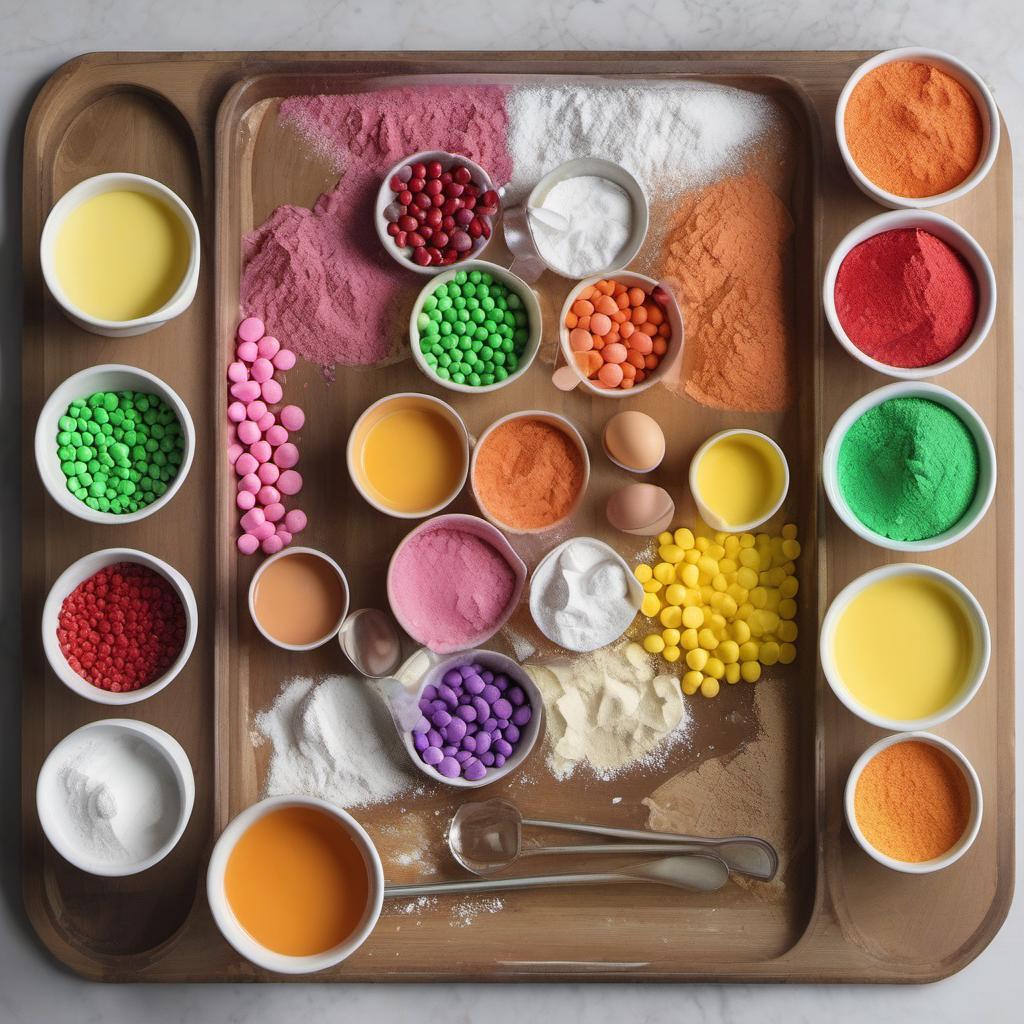 Items needed to answer the question, How do I bake a Skittles Cake. Items include:  Skittles  Butter  Sugar  Eggs  Vanilla extract  All-purpose flour  Baking powder  Salt  Buttermilk