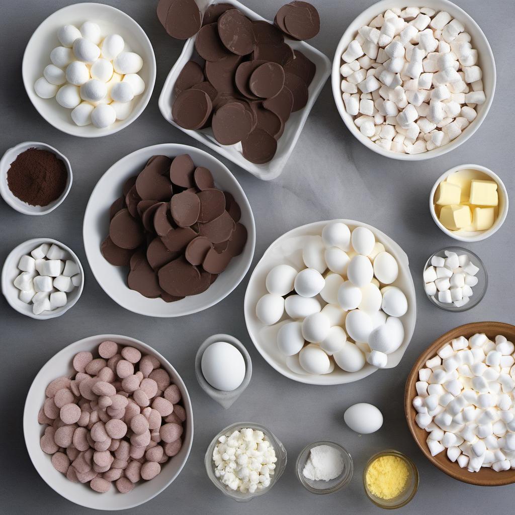 Items needed to answer the question, How Do I Bake Chocolate Dipped Marshmallow Cookies. Items include:  Unsalted Butter  Granulated Sugar  Large Eggs  All-Purpose Flour  Unsweetened Cocoa Powder  Baking Soda  Salt  Mini Marshmallows  Semisweet Chocolate Chips  Butter  Granulated sugar  Brown sugar  Eggs  Vanilla extract  All-purpose flour  Baking soda  Salt  Mini marshmallows  Chocolate chips or chopped chocolate