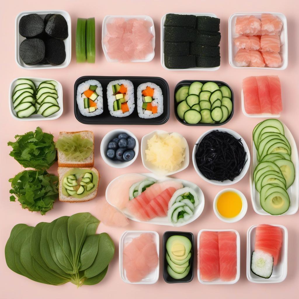 Items needed to answer the question, How do I create a Pokemon-themed Bento Box. Items include:  Sushi Rice  Black Seaweed  Bread  Fillings of your choice  Cheese, olives, or other toppings  Lettuce  Spinach  Cucumber  Avocado  Watermelon  Blueberries  Honeydew Melon