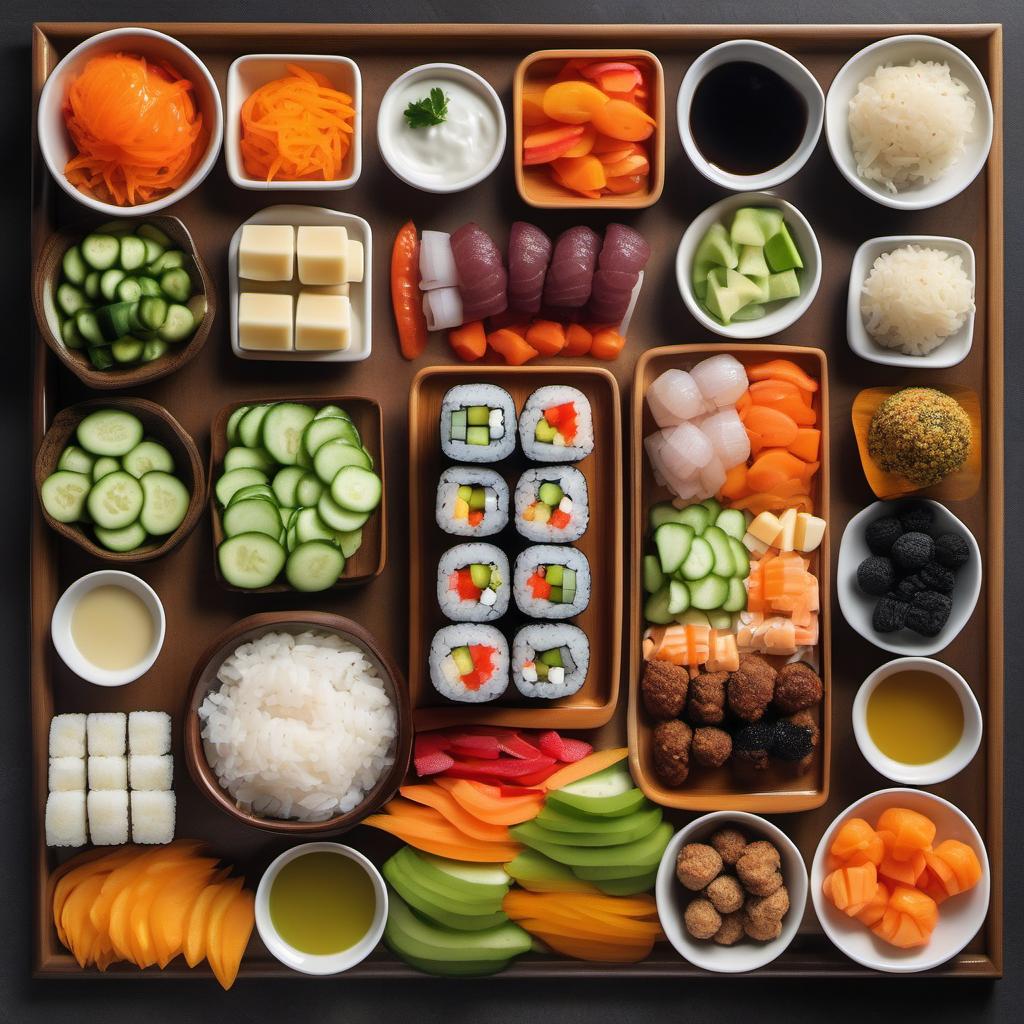 Items needed to answer the question, How do I make a Star Wars-themed Bento Box. Items include:  Sushi rice  Carrots  Cucumbers  Bell peppers  Cheese cubes  Fruit slices  Meatballs