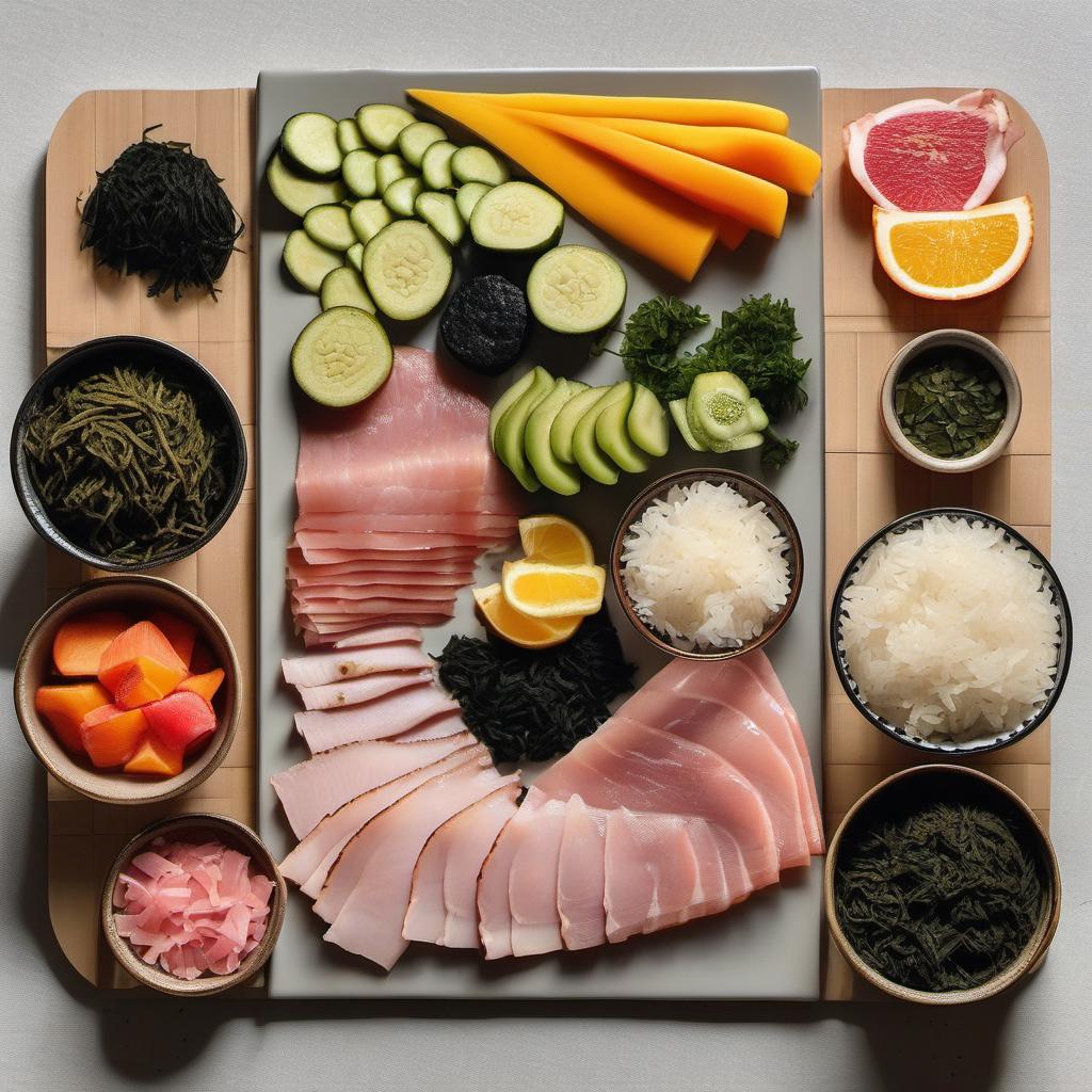 Items needed to answer the question, How do I create a Fairy Tale Bento Box. Items include:  rice  nori (seaweed)  slices of ham  assorted fruits and veggies