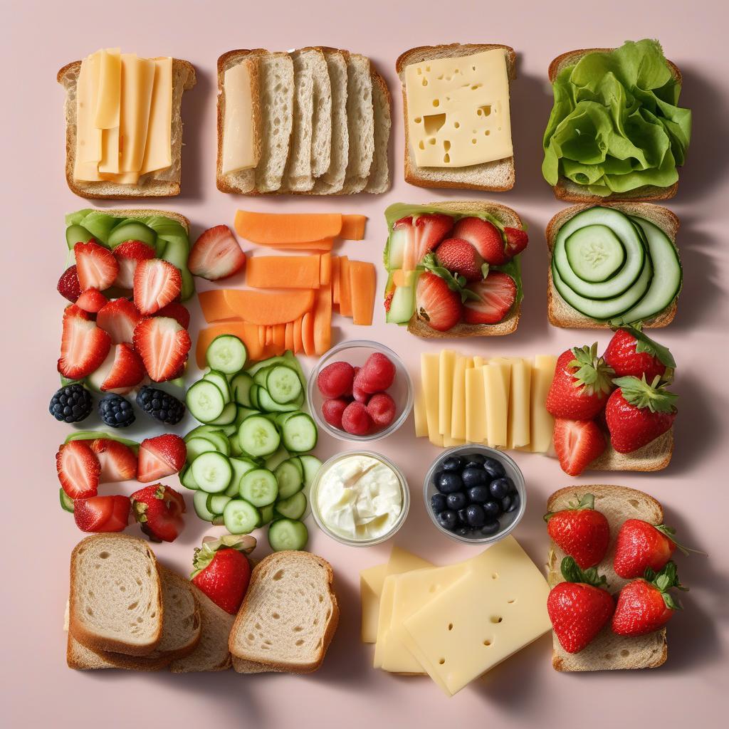 Items needed to answer the question, How do I make a Sports-themed Bento Box. Items include:  Sandwiches  Cheese slices  Fruits (e.g., apples, strawberries)  Veggies (e.g., carrots, cucumber)  Lettuce or spinach  Toothpicks  Sports accessories (e.g., mini flags, small toys)