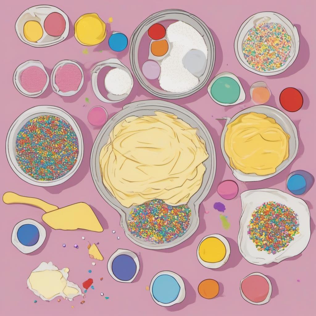 Items needed to answer the question, How do I bake a Rainbow Sprinkle Birthday Cake with Edible Glitter. Items include:  Butter  Sugar  Eggs  Vanilla Extract  All-Purpose Flour  Baking Powder  Salt  Milk  Rainbow Sprinkles  Edible Glitter  Frosting