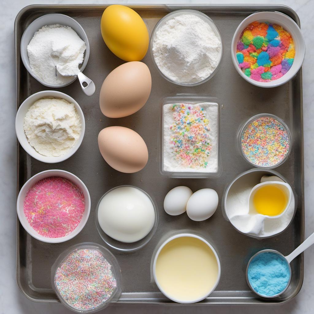 Items needed to answer the question, How do I make a Carnival Funfetti Birthday Cake with Edible Glitter. Items include:  All-Purpose Flour  Baking Powder  Salt  Unsalted Butter  Granulated Sugar  Large Eggs  Vanilla Extract  Whole Milk  Rainbow Sprinkles  Powdered Sugar  Milk
