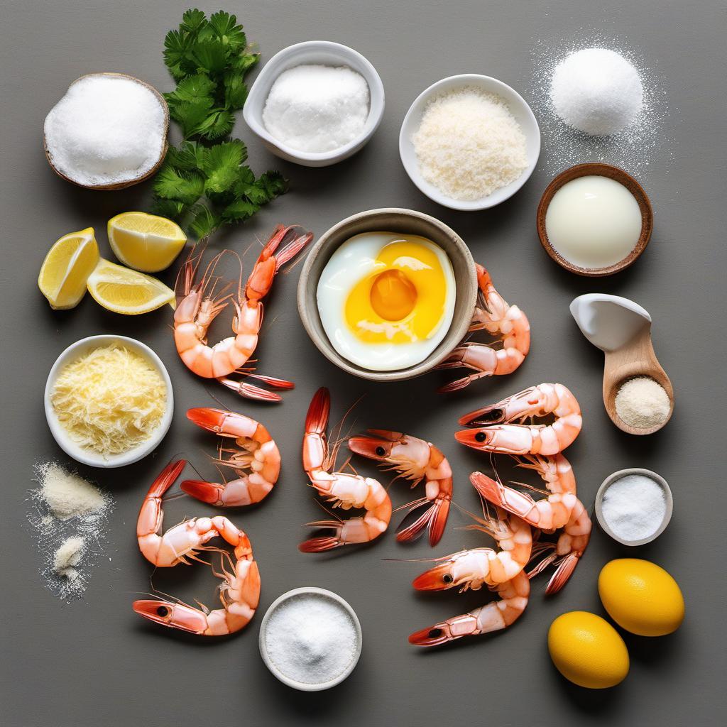 Items needed to answer the question, How do I whip up coconut shrimp. Items include:  Shrimp  Flour  Salt  Shredded coconut  Egg  Milk  Oil