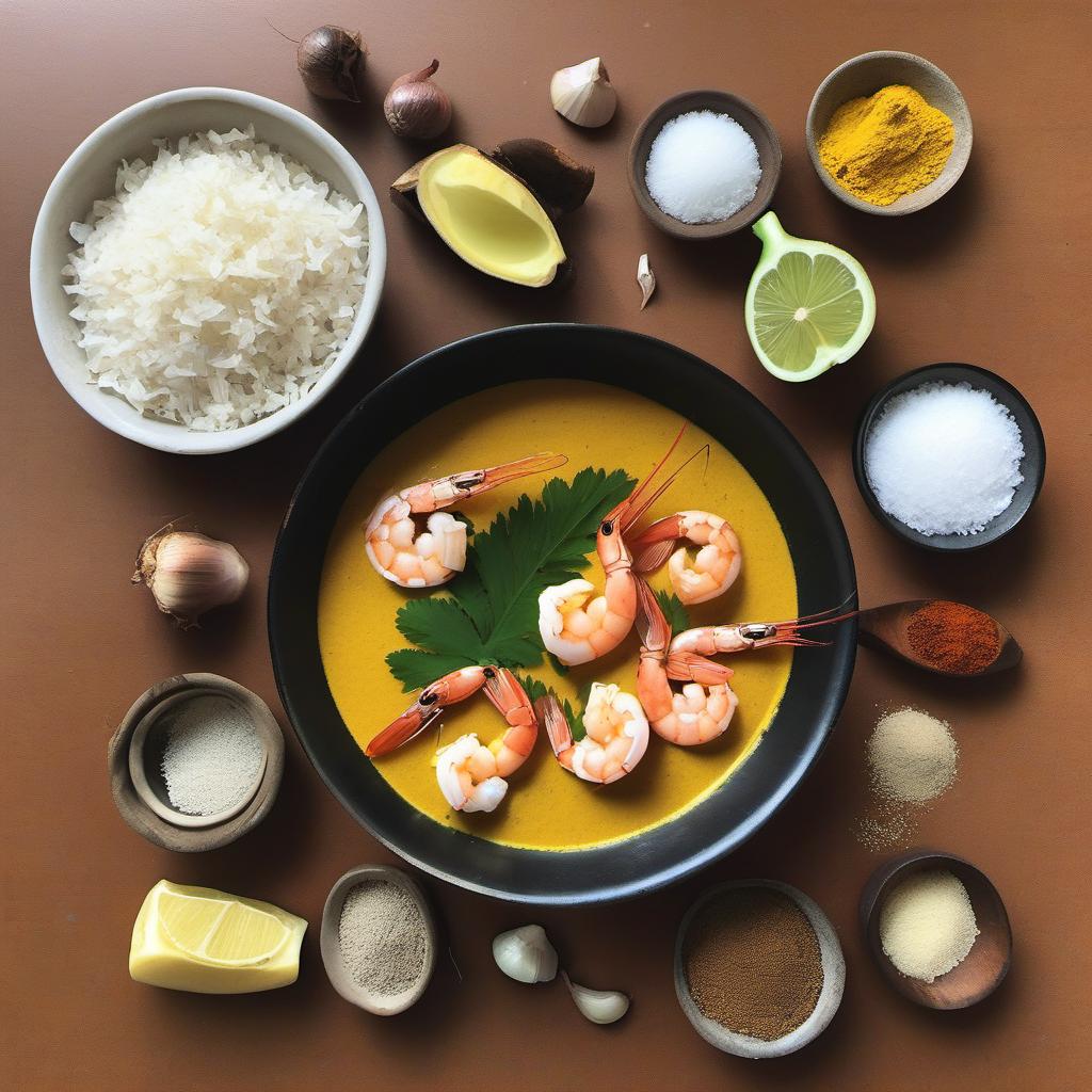 Items needed to answer the question, How do I make coconut shrimp curry. Items include:  Coconut milk  Shrimp  Onion  Garlic cloves  Curry powder  Turmeric powder  Cumin powder  Ginger  Vegetable oil  Salt and pepper  Fresh cilantro