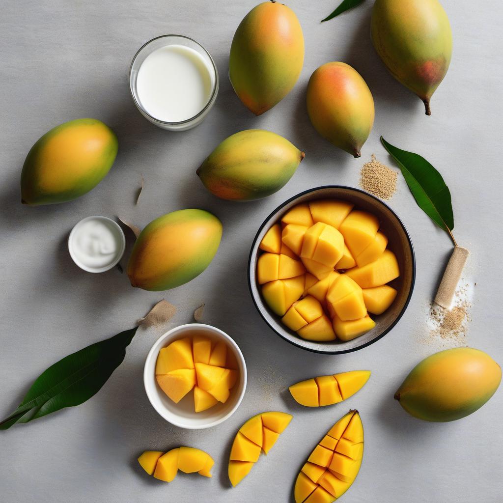 Items needed to answer the question, How do I make a refreshing Mango Lassi. Items include:  Mangoes  Yogurt  Milk  Sugar  Cardamom powder