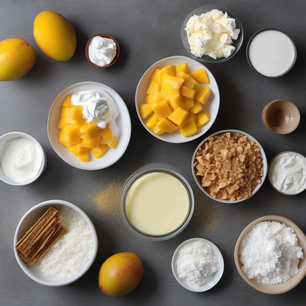 Items needed to answer the question, How do I create a Mango Lassi cheesecake. Items include:  Graham Cracker Crumbs  Butter  Sugar  Mangoes  Plain Greek Yogurt  Cream Cheese  Vanilla Extract  Honey  Shredded Coconut