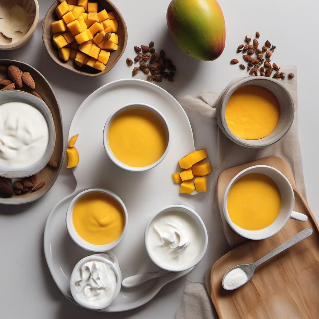 Items needed to answer the question, How do I whip up a Mango Lassi ice cream. Items include:  Mango Puree  Whole Milk  Plain Yogurt  Sugar  Ground Cardamom