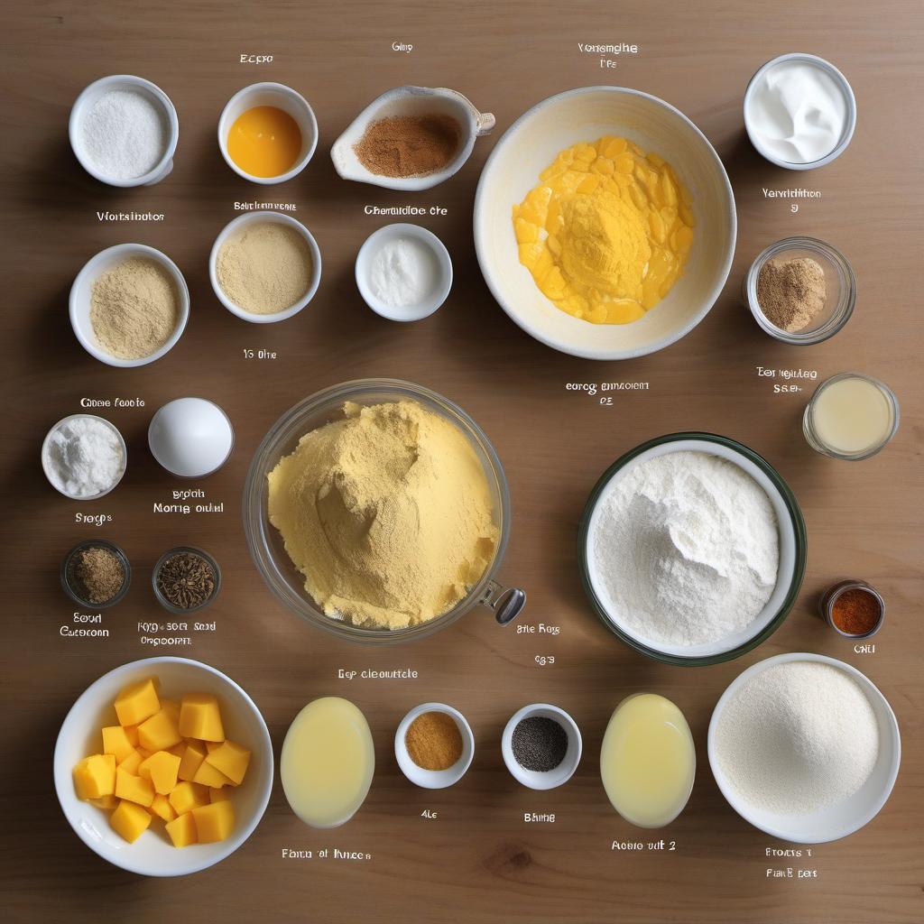 Items needed to answer the question, How do I bake Mango Lassi-infused donuts. Items include:  all-purpose flour  granulated sugar  baking powder  salt  ground cardamom  mango puree  plain yogurt  melted butter  egg  vegetable oil