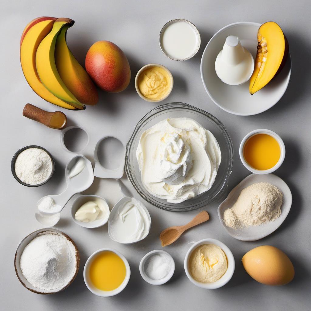 Items needed to answer the question, How do I make Mango Lassi pancakes. Items include:  all-purpose flour  sugar  baking powder  baking soda  salt  mango purée  plain yogurt  milk  egg  butter