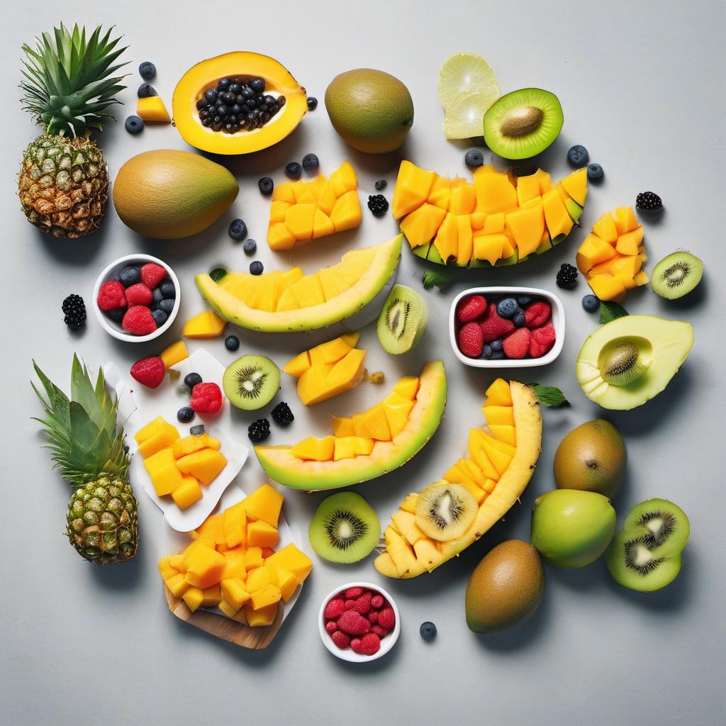 Items needed to answer the question, How do I make a Fruity Paradise Bowl. Items include:  Mango  Pineapple  Papaya  Kiwi  Berries  Lime or Lemon  Coconut