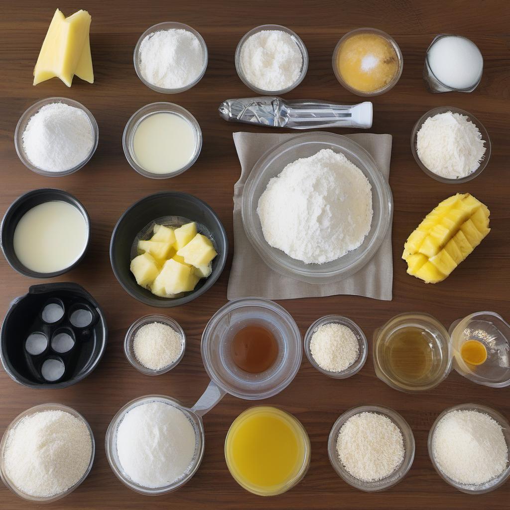 Items needed to answer the question, How do I make Piña Colada Cupcakes that are vegan-friendly. Items include:  all-purpose flour  granulated sugar  baking powder  salt  coconut milk  pineapple juice  coconut oil  vanilla extract  diced pineapples  cupcake liners  vegan butter  powdered sugar  coconut cream  coconut extract  shredded coconut  pineapple wedges