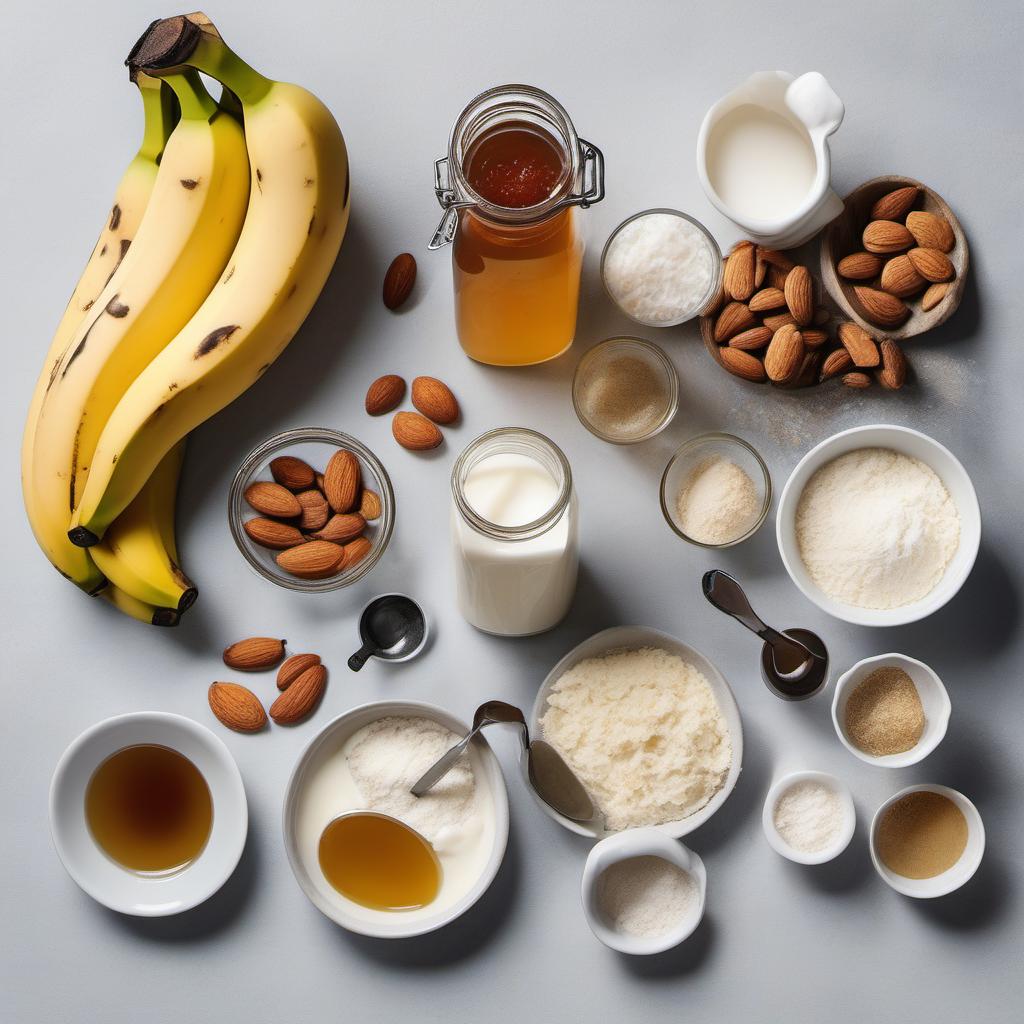 Items needed to answer the question, How do I make vegan Palm Tree Pancakes. Items include:  all-purpose flour  sugar  baking powder  salt  almond milk  coconut oil  vanilla extract  sliced bananas  fresh fruit  maple syrup