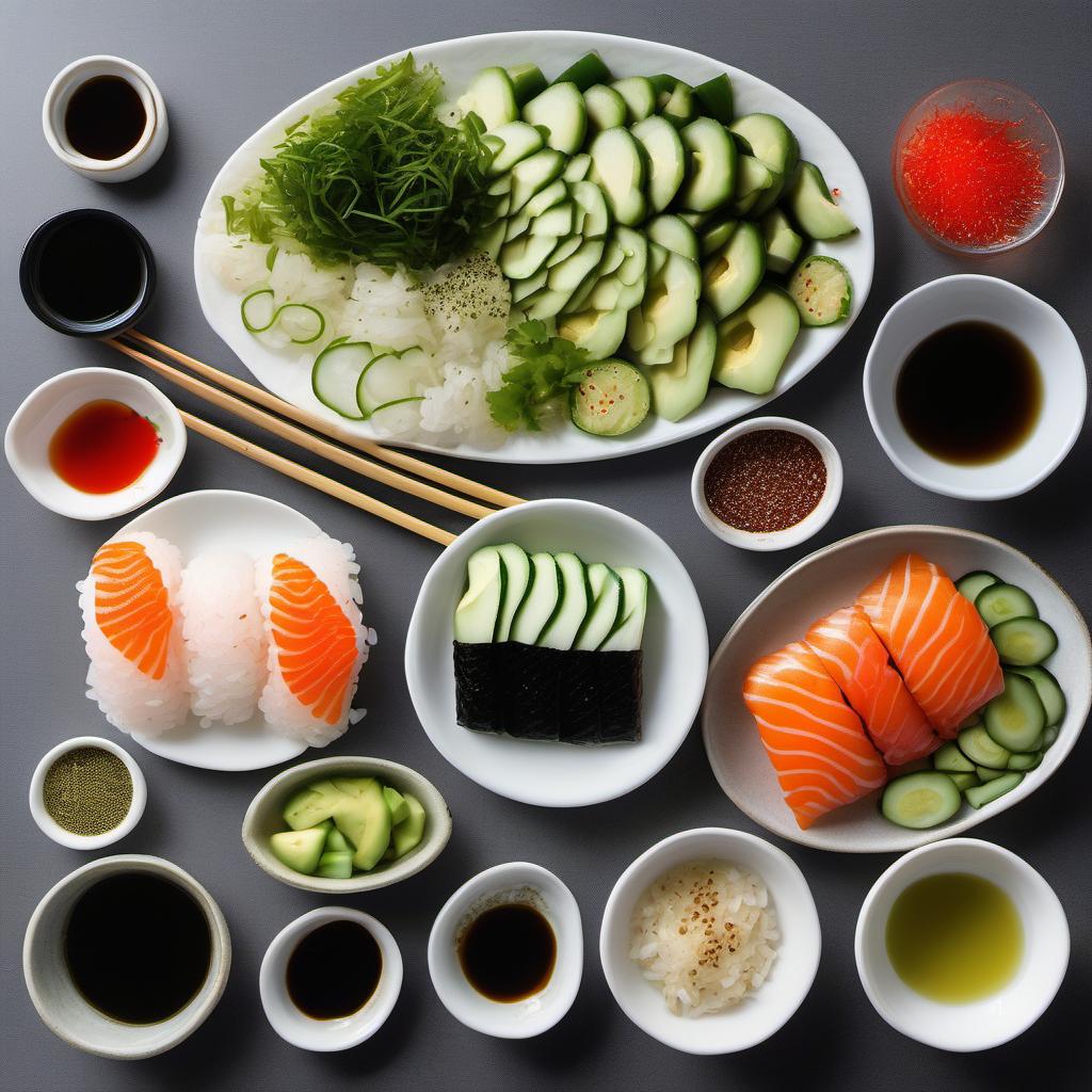 Items needed to answer the question, How do I make Hawaiian Poke Bowls. Items include:  Sushi Rice  Sushi-Grade Fish  Soy Sauce  Sesame Oil  Rice Vinegar  Red Pepper Flakes  Green Onions  Cilantro  Avocado  Cucumber  Jalapeno Pepper  Nori Sheet  Toasted Sesame Seeds