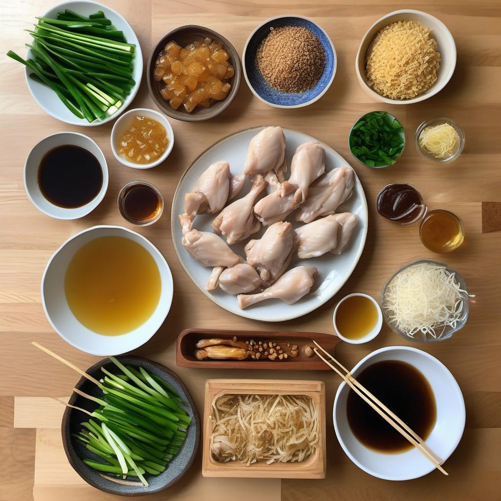 Items needed to answer the question, How do I grill teriyaki chicken skewers. Items include:  Chicken  Soy sauce  Brown sugar  Honey  Garlic cloves  Fresh ginger  Wooden skewers  Green onions  Sesame seeds