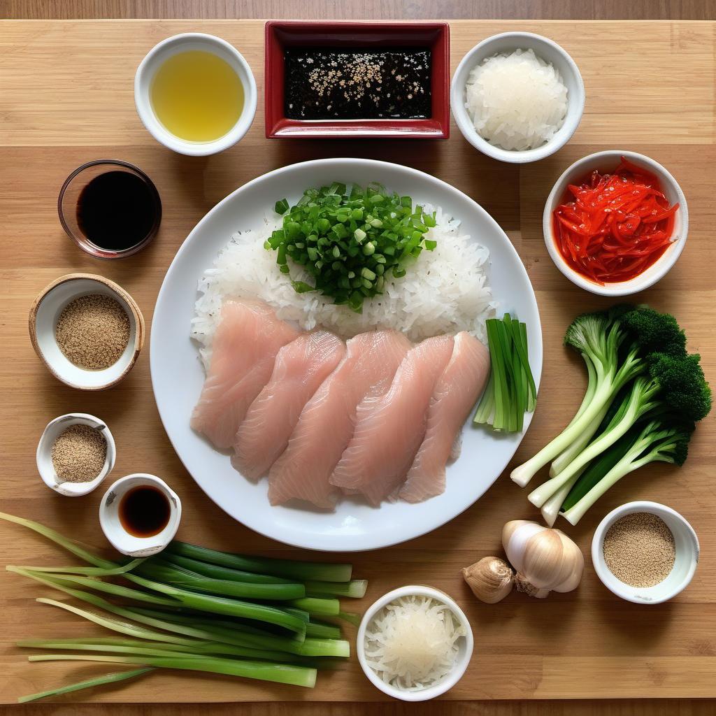 Items needed to answer the question, How do I marinate the perfect fish for my Hawaiian Poke Tower. Items include:  Fish fillets  Soy sauce  Sesame oil  Rice vinegar  Green onions  Garlic cloves  Ginger  Red pepper flakes