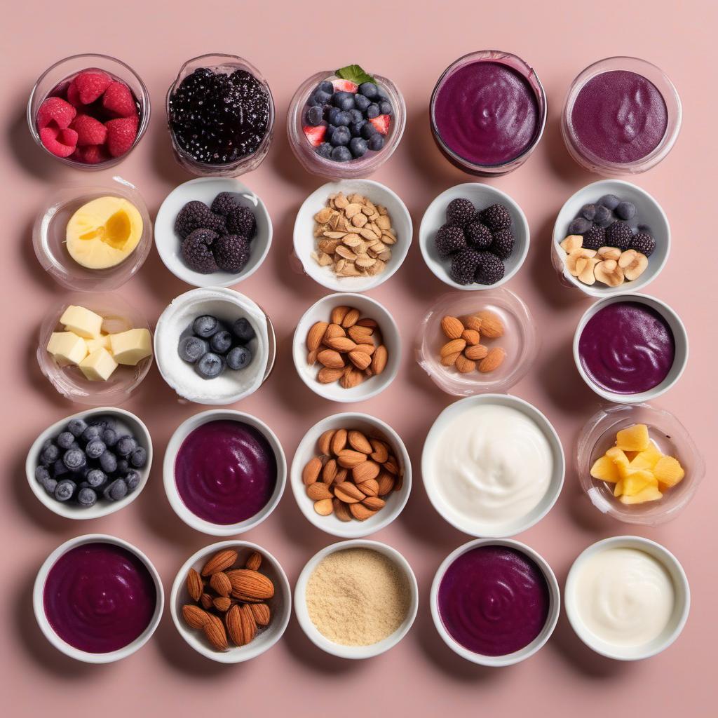 Items needed to answer the question, How do I customize my own Acai Bowl. Items include:  Frozen Acai Puree  Acai Powder  Frozen Fruits  Liquid (e.g., almond milk, coconut water)  Toppings of your choice